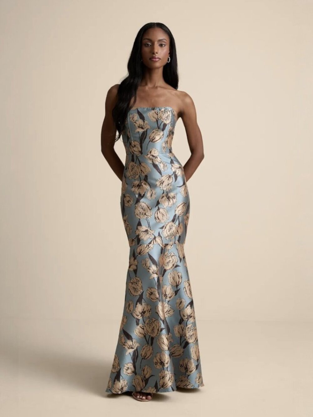 Lulus Gowning Around Slate Blue Floral Jacquard Strapless Maxi Dress NWT - Picture 6 of 15